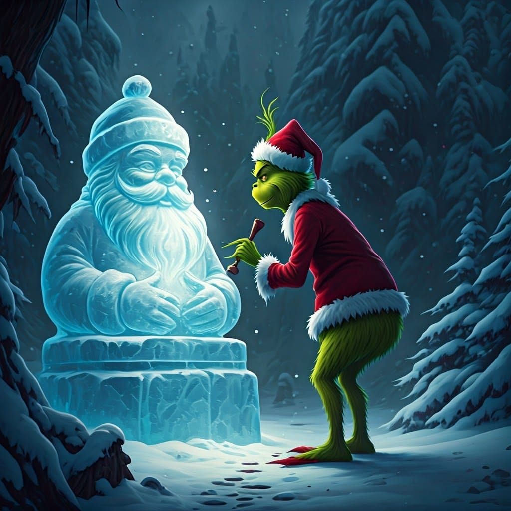The Grinch Carves a Festive Santa Ice Sculpture in Whimsical...