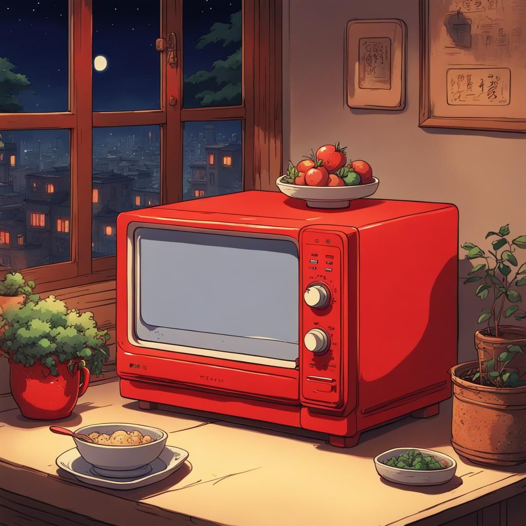Cozy Red Microwave in Studio Ghibli Anime Style