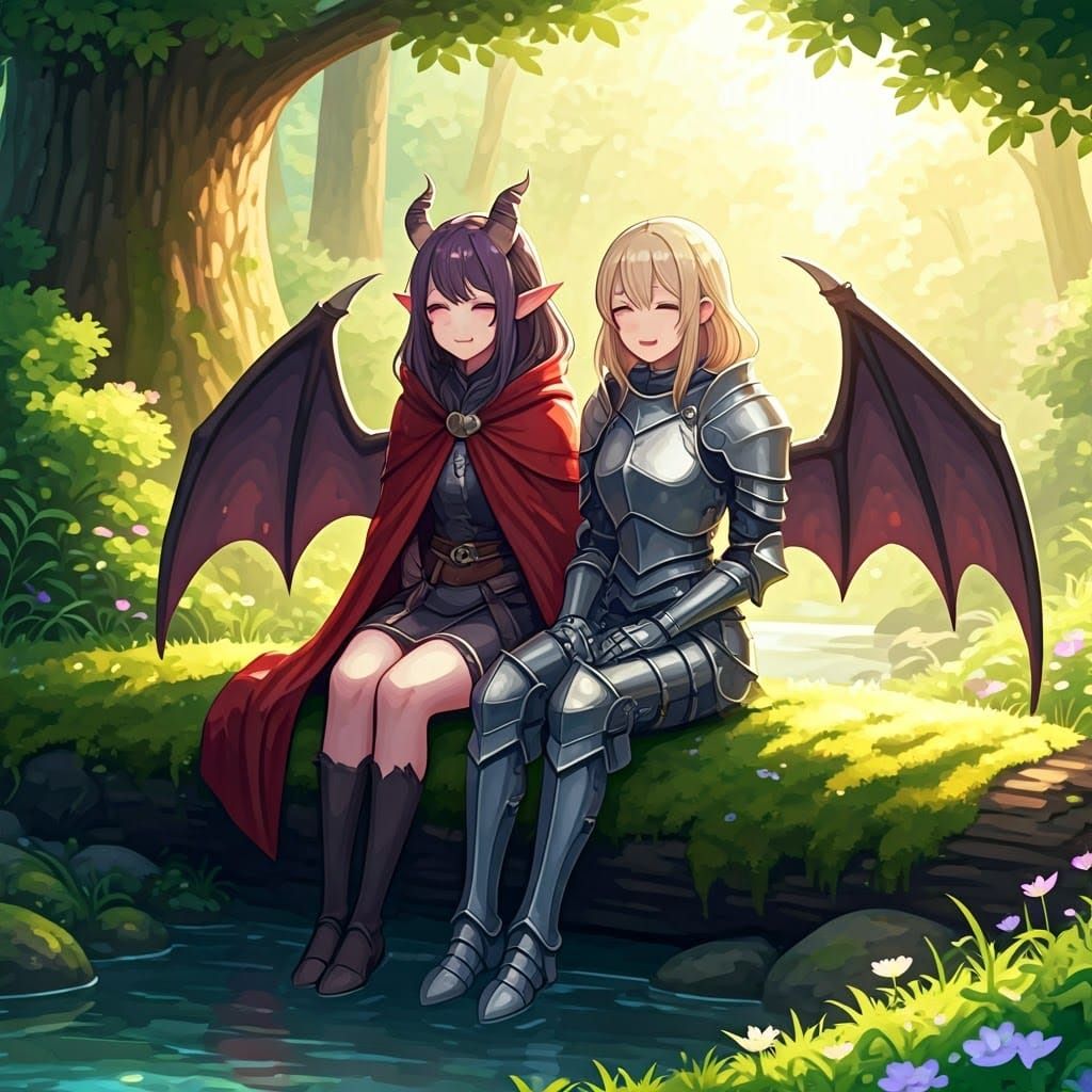 Serenely Smiling Female Demoness and Paladin in Anime Style