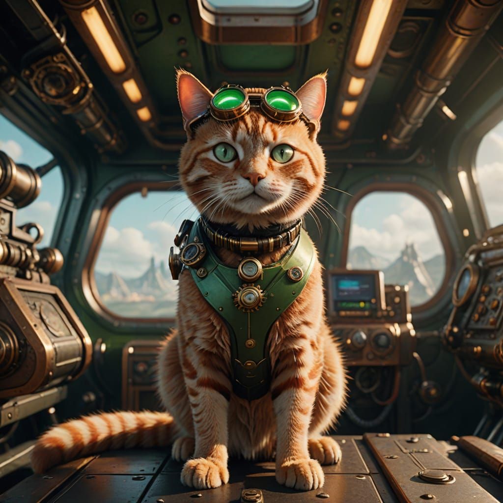 Steampunk Cat Captain on Retro-Futuristic Airship
