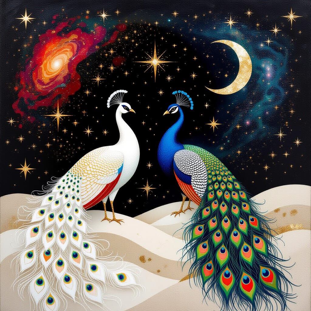 Celestial Peacocks in Abstract Obsidian Landscape