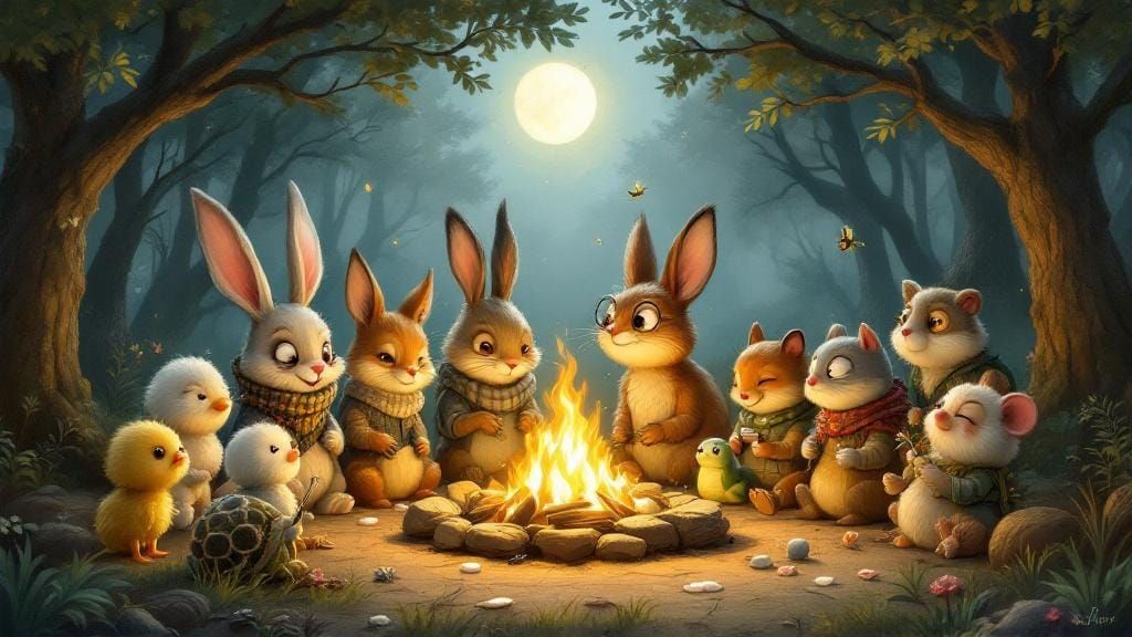 Anthropomorphic Animals Gather 'Round Campfire, Whimsical Il...