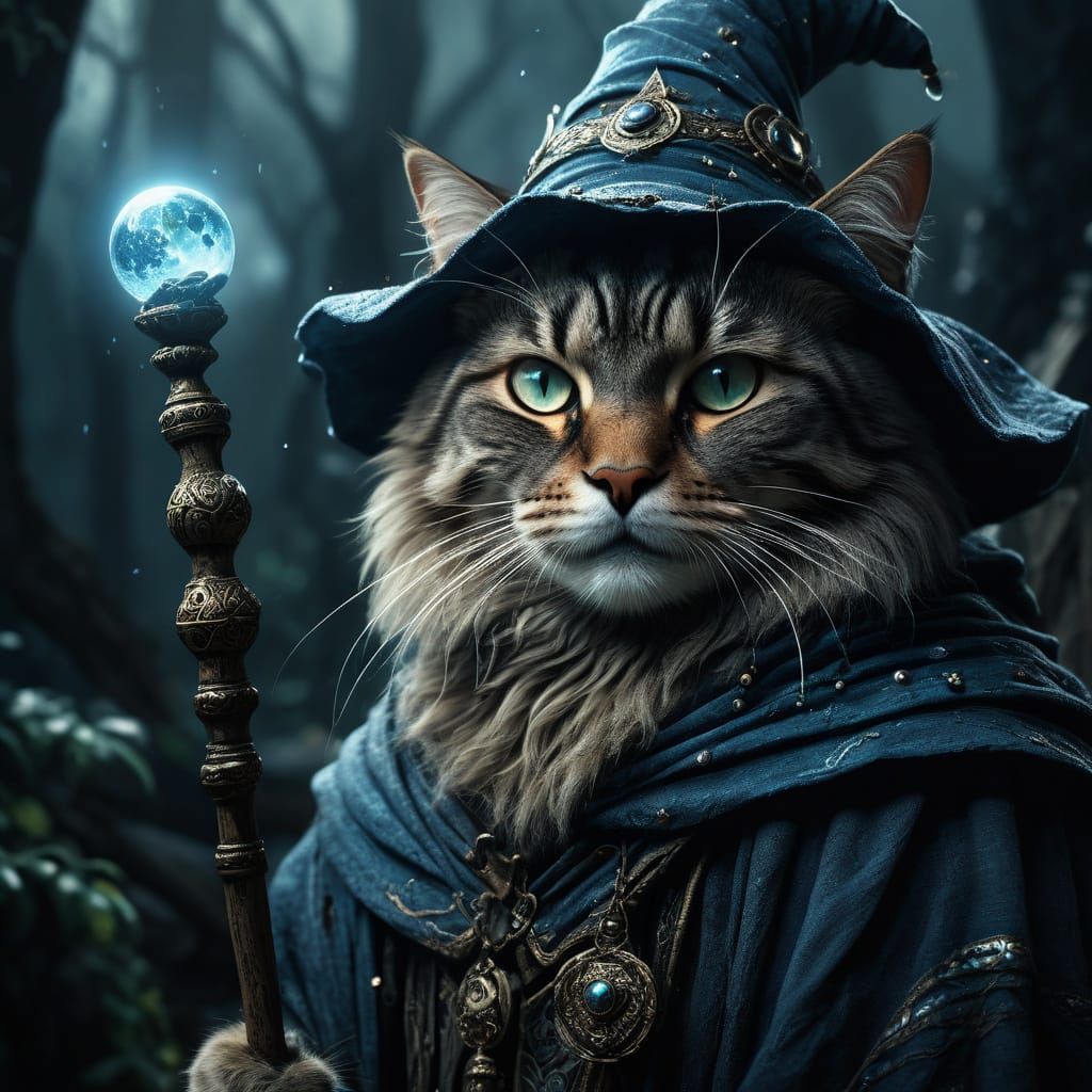 Majestic Cat Wizard in Dark Fantasy Setting