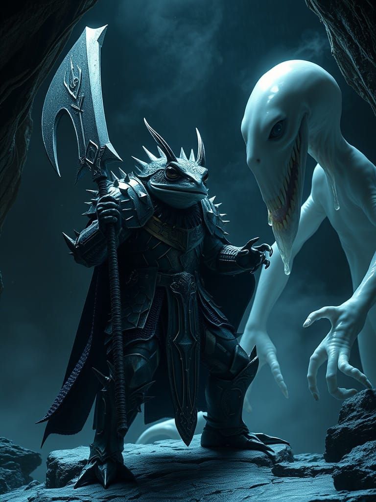 Dark Fantasy Black Frog Knight Battles Shimmering White Slim...