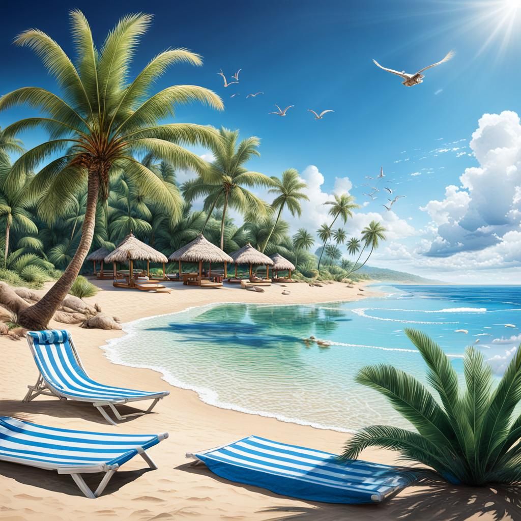 Tropical Beach Scene with Cat in Hyperrealistic Style
