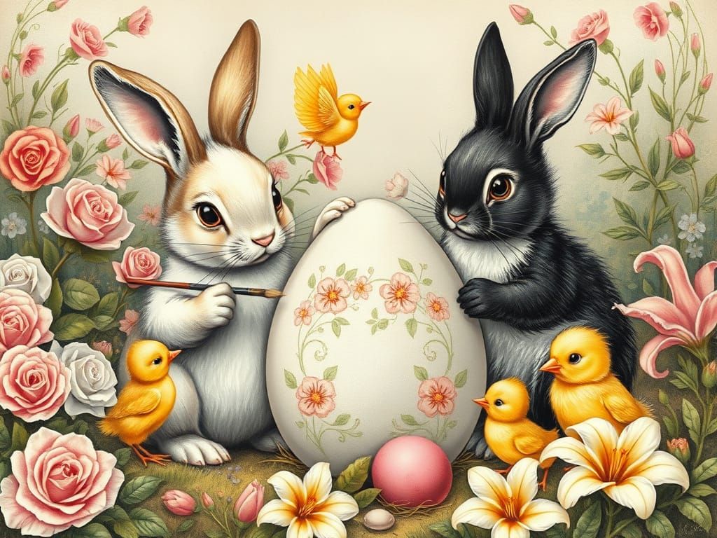 Vintage Easter Bunnies Painting Floral Eggs