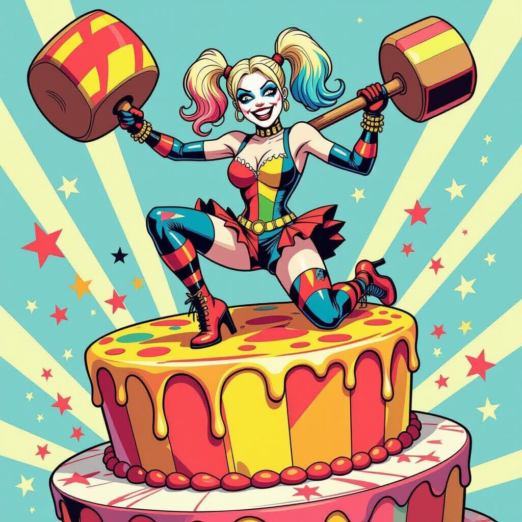 Harley Quinn Jumps From Cake with Mallet