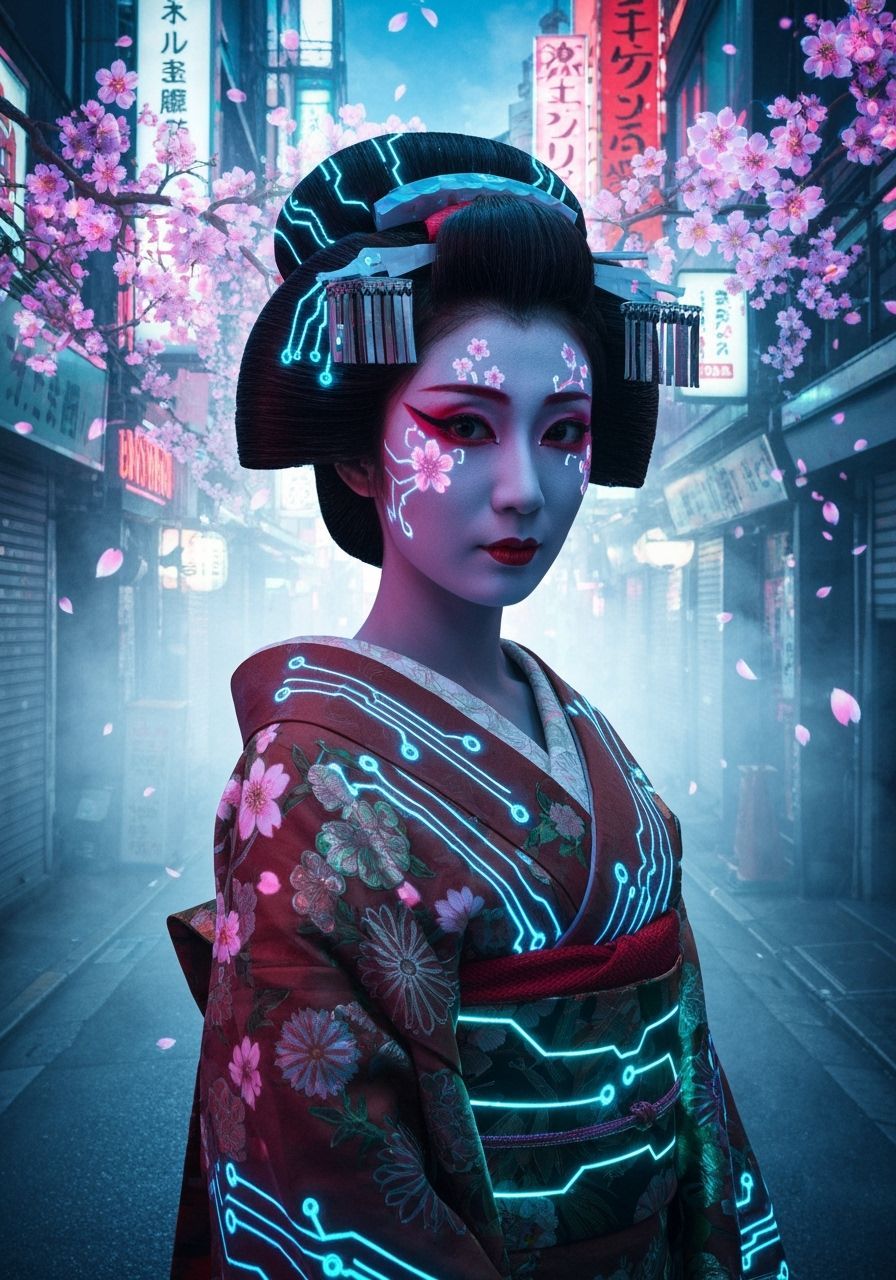 Biomechanical Geisha in Neon Tokyo: Cyberpunk Art