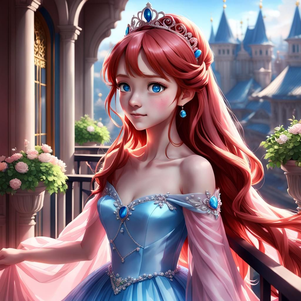 Red-Haired Princess with Tiara on Balcony: 3D Anime Art