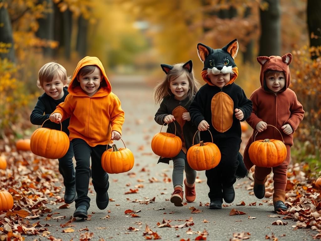 Joyful Trick-or-Treating Adventure on Autumn Path
