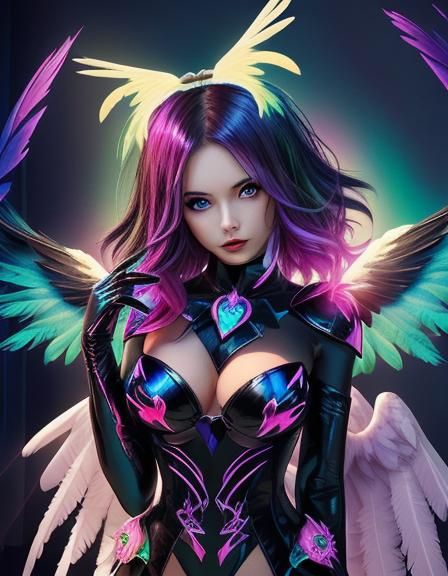 Dark Angel Woman with Bright Feathered Wings