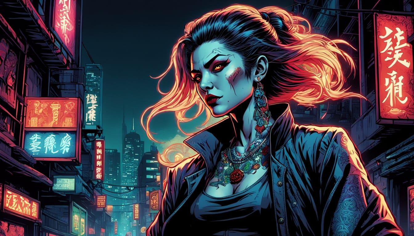 Vampire Yakuza Woman in Comic Book Art Style