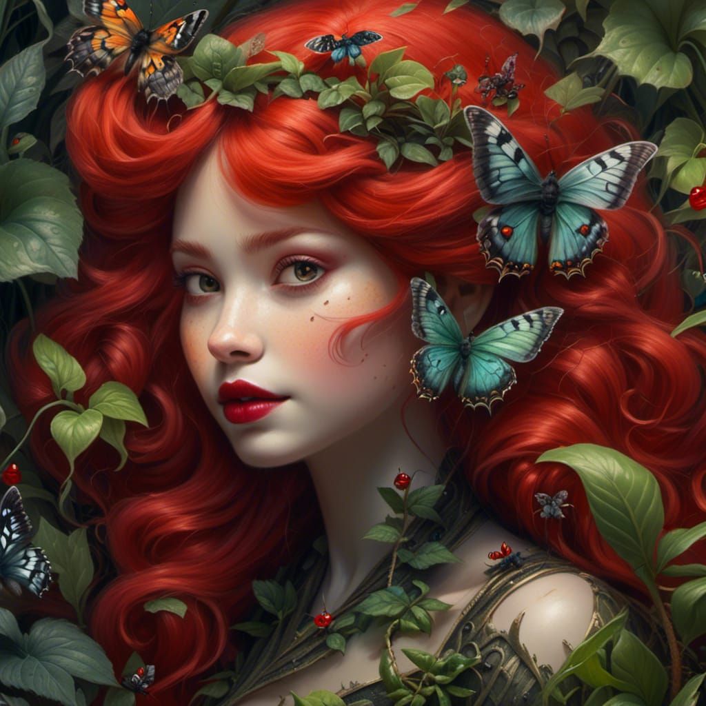 Poison Ivy Portrait in Charcoal with Jungle Plants