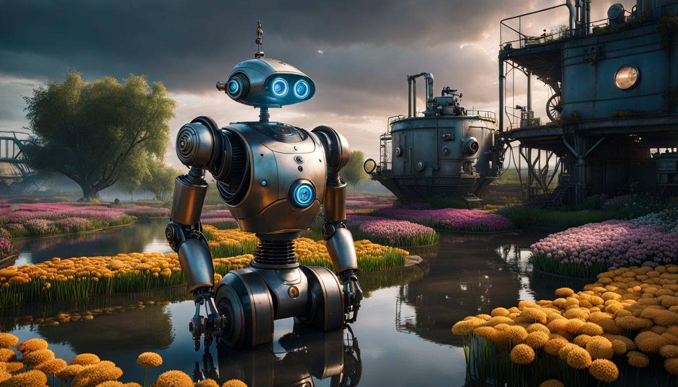 Cyberpunk Workers and Robot Butler in Space