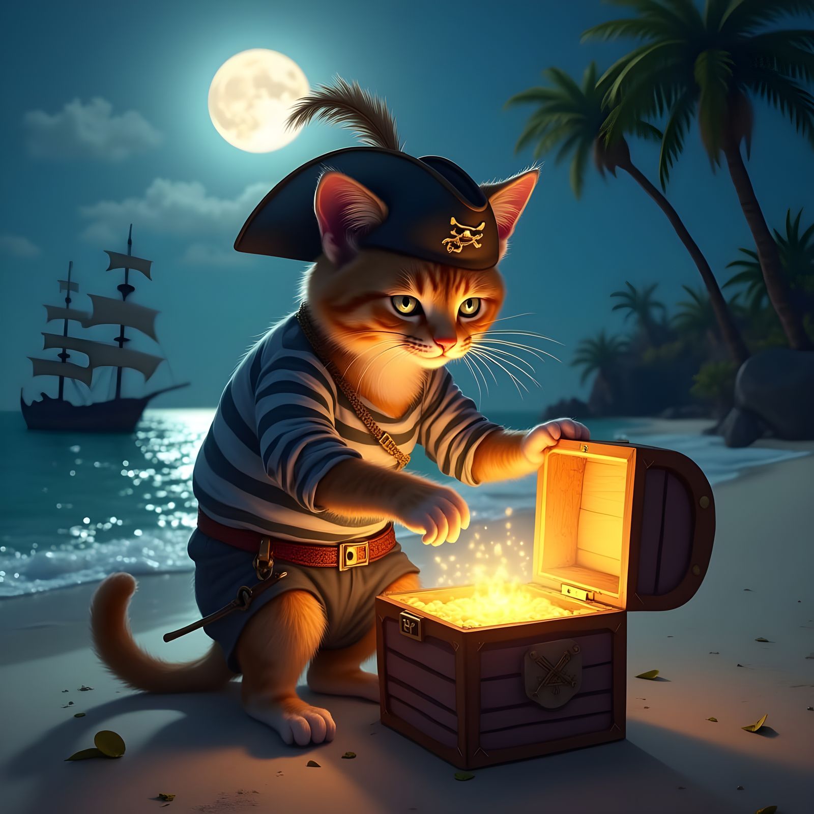 Pirate Cat Unveils Treasure on Moonlit Beach