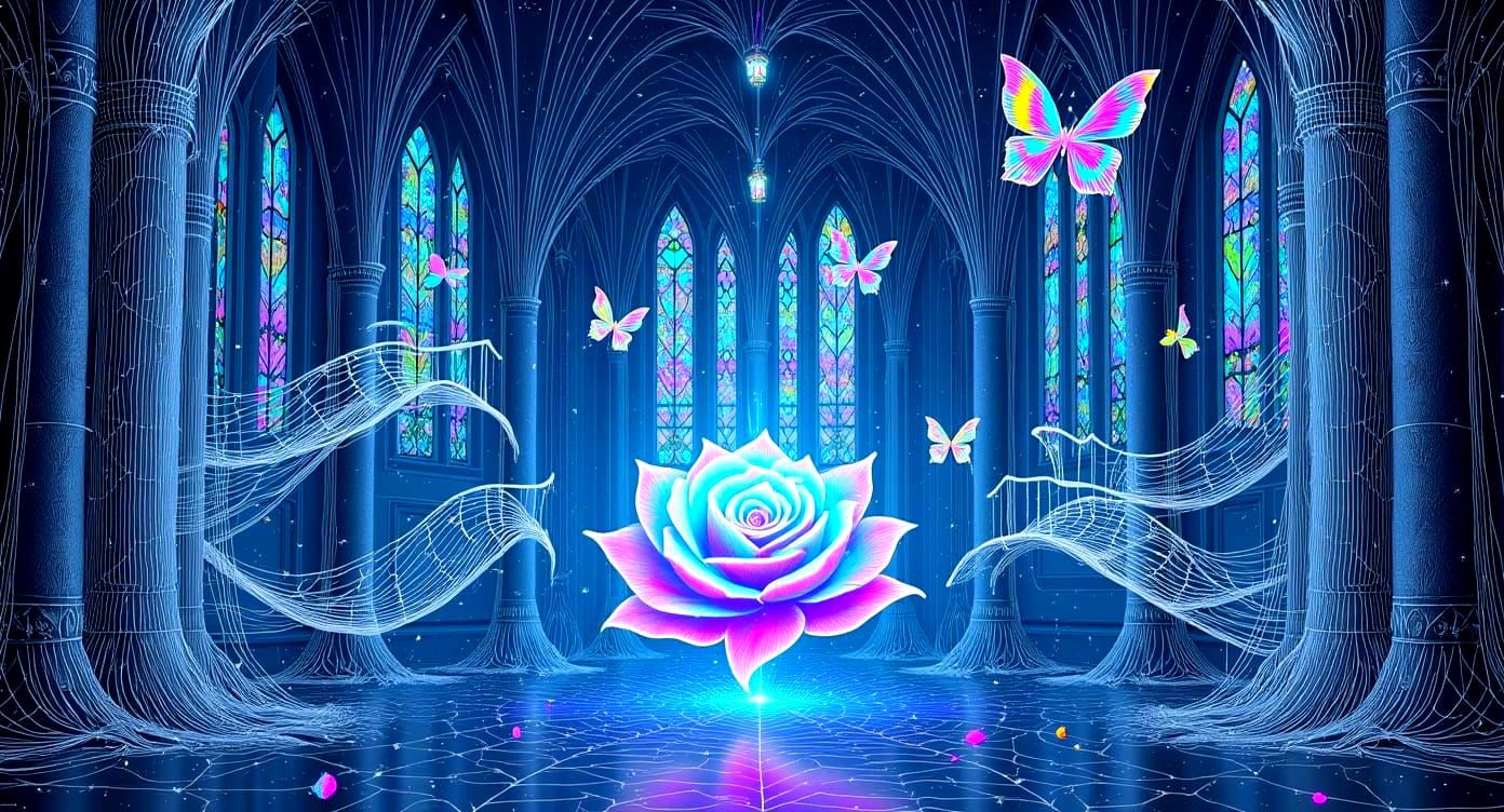 Fantasy Cathedral of Shimmering Spiderwebs in Surreal Style