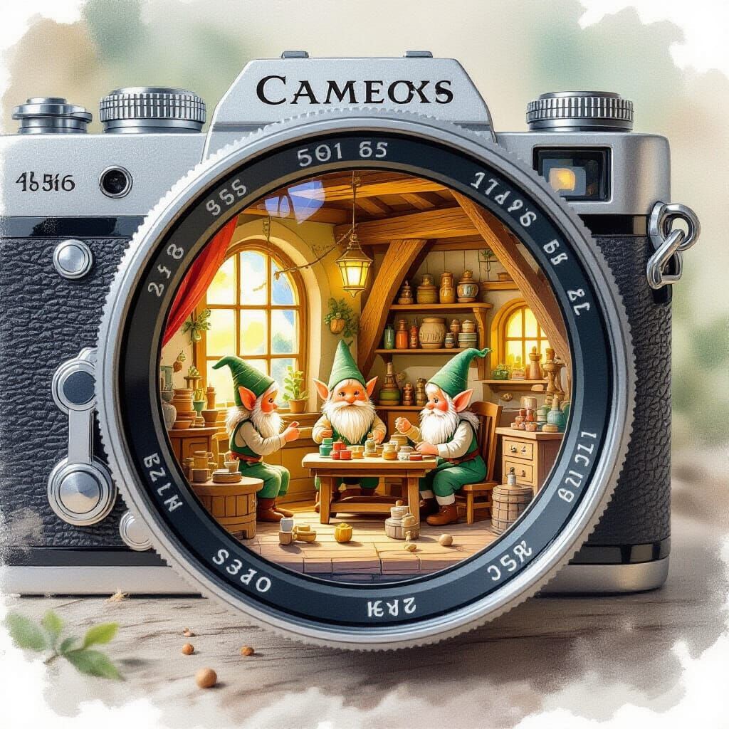Miniature Elven World Inside Camera Lens, Watercolor Style