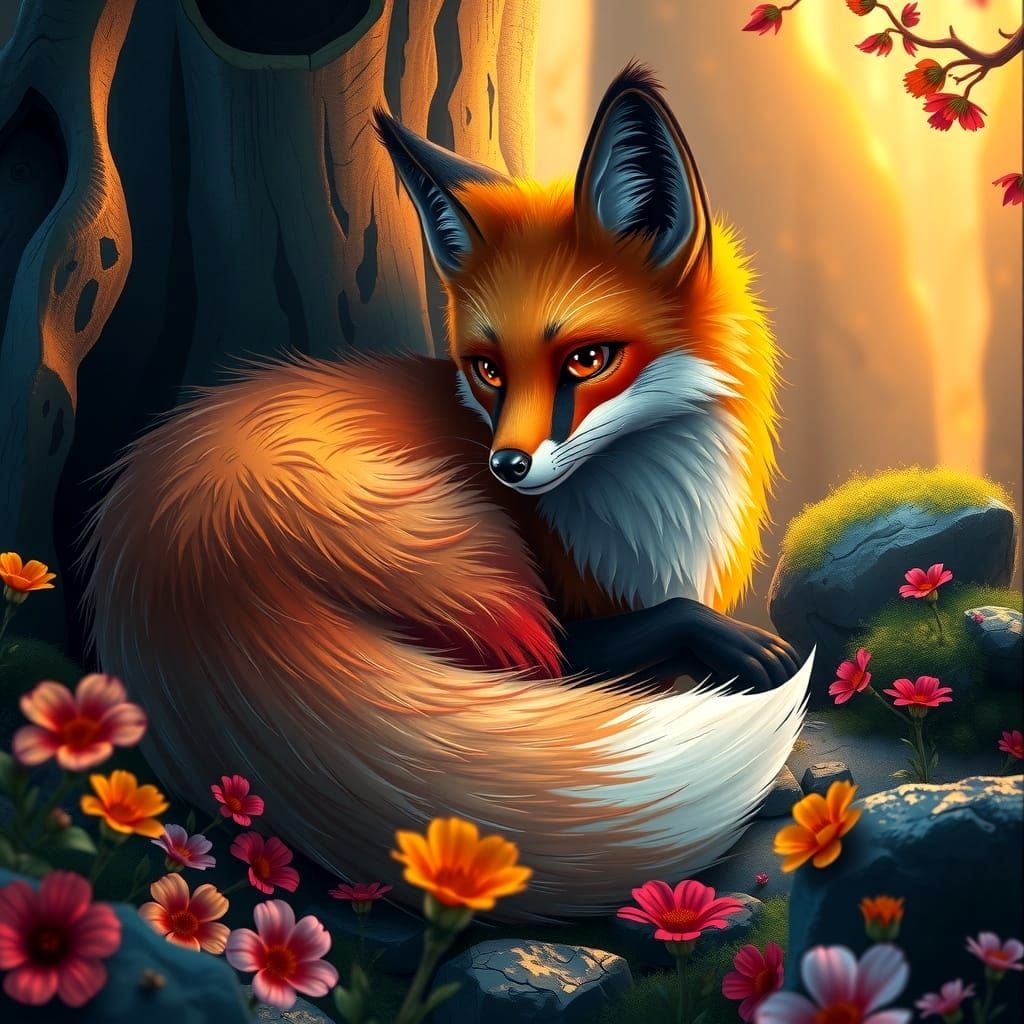 Vibrant Fox in Whimsical Woodland Scene