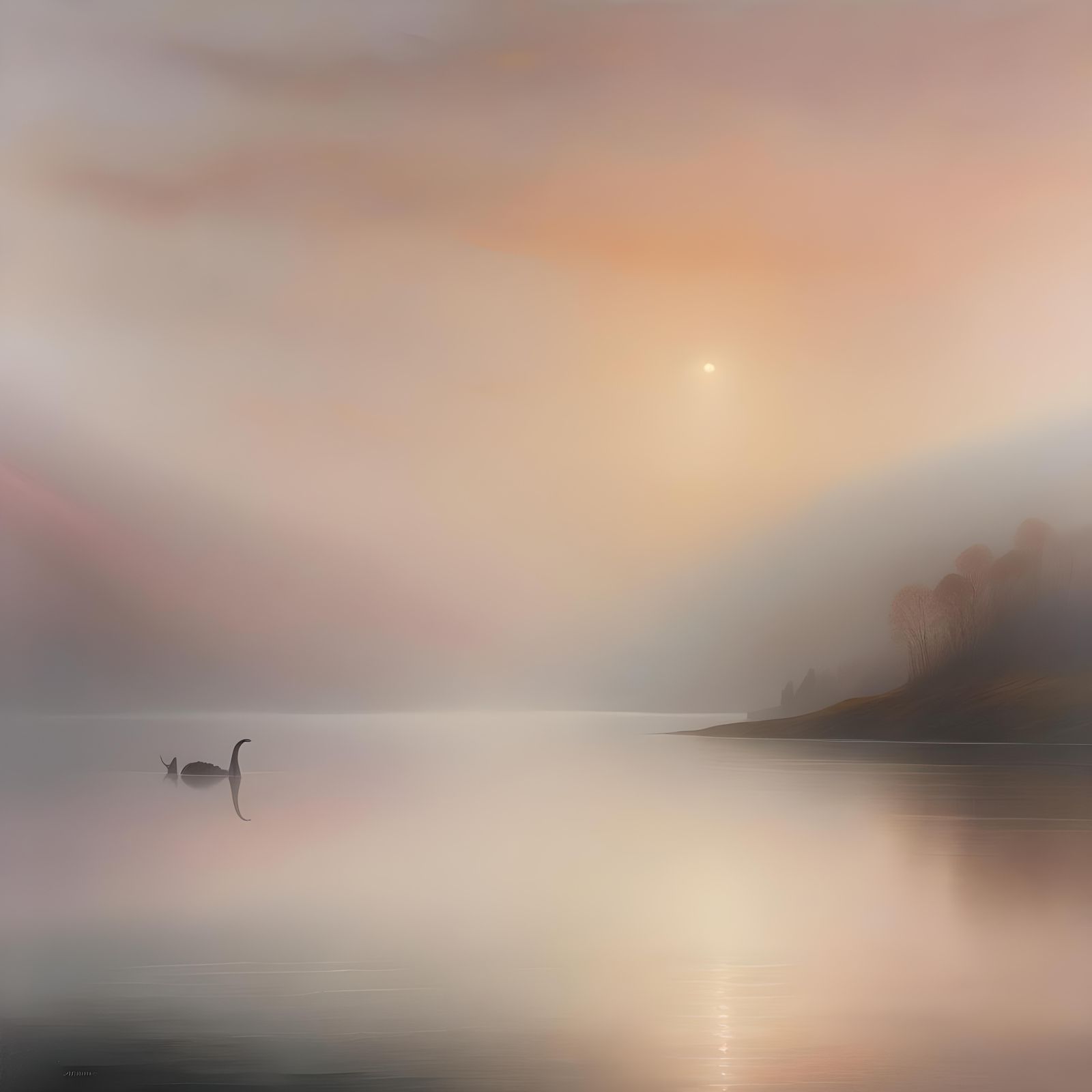 Loch Ness Monster Silhouette at Foggy Sunrise