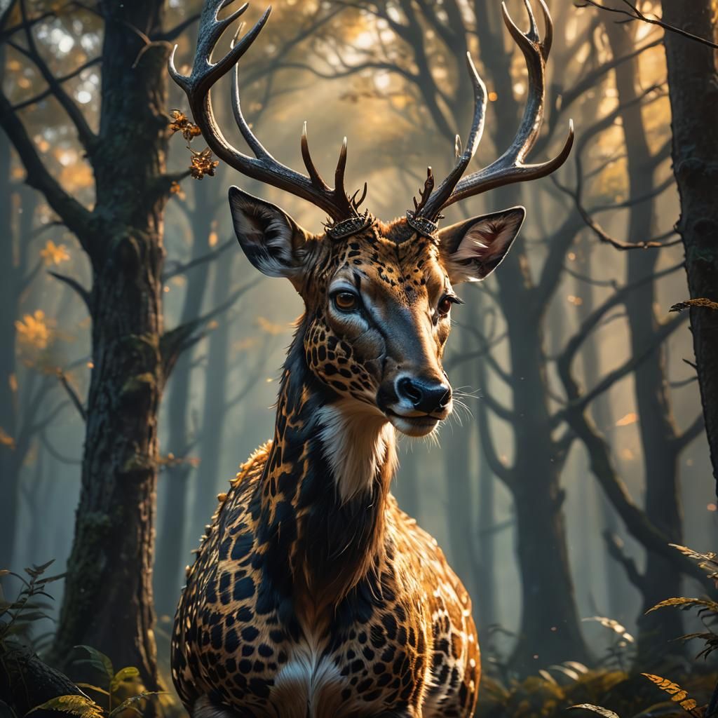 Majestic Half-Deer Half-Leopard Creature in Forest
