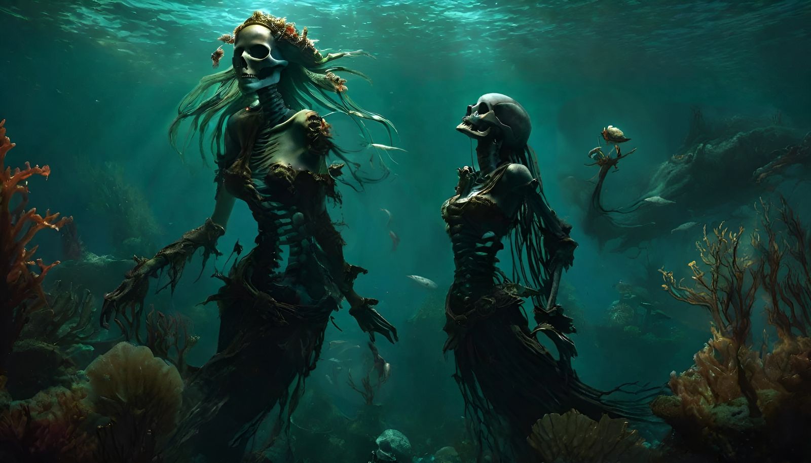 Eerie Zombie Mermaid in Sunken Ghostship Scene