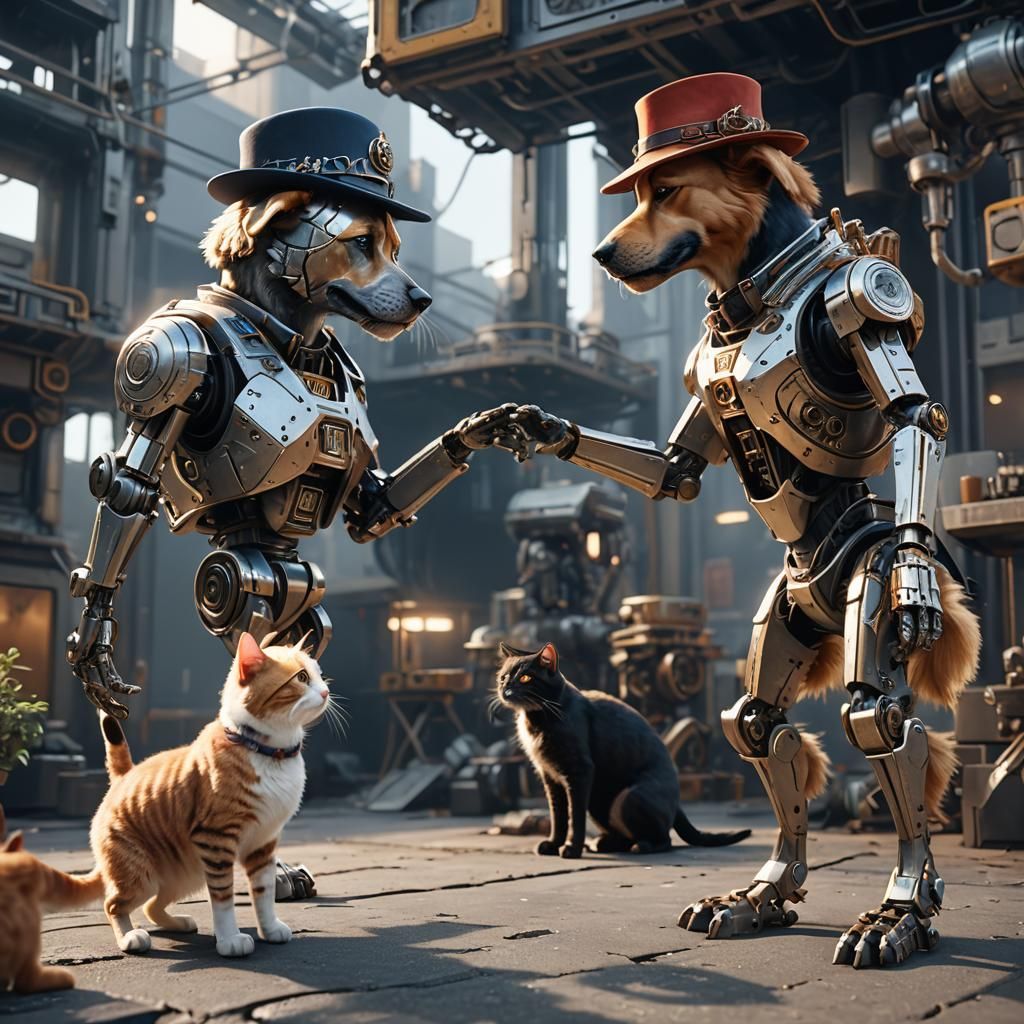 Dog and Cat Chat in Futuristic Sci-Fi Style