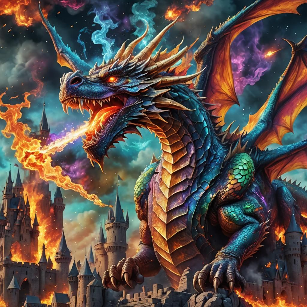 Colorful Dragon Flying Over Burning Castle