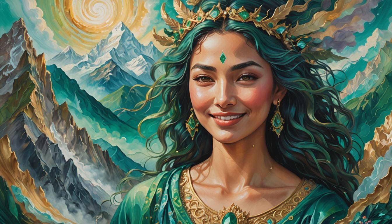 Surreal Heart Tapestry with Himalayan Peaks as Oil Painting