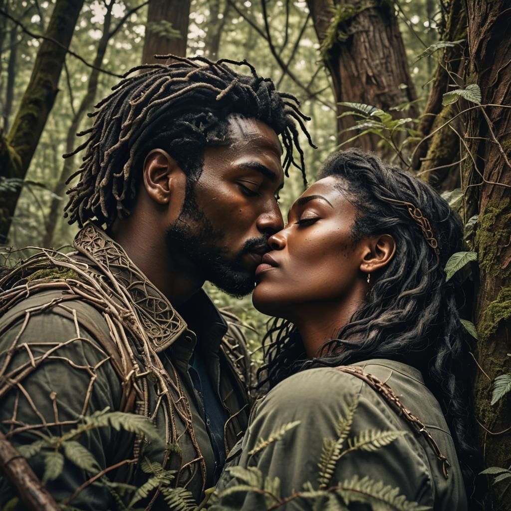 Passionate Forest Kiss: Hyperrealistic Entangled Lovers