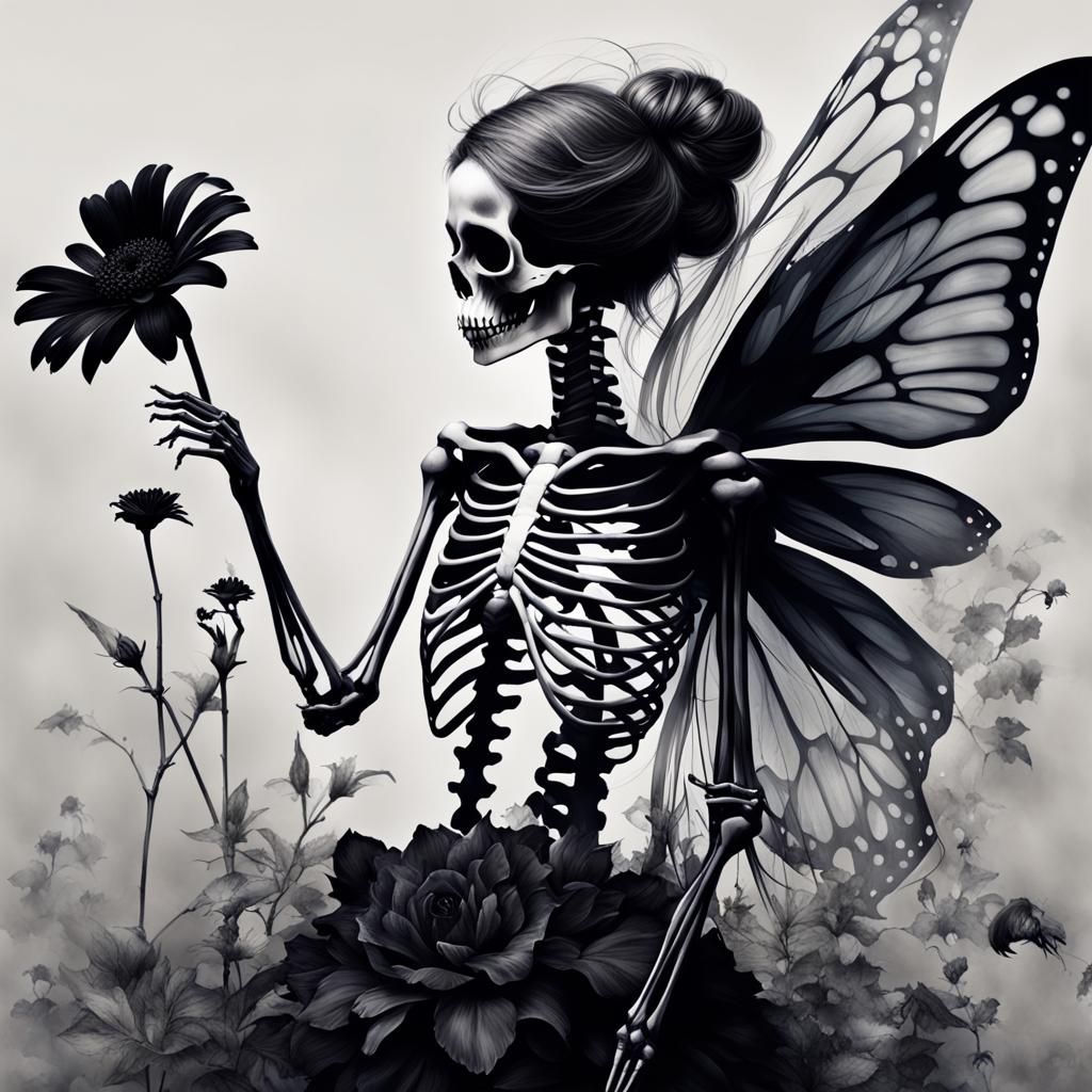 Surreal Skeleton Fairy Touches Black Flower