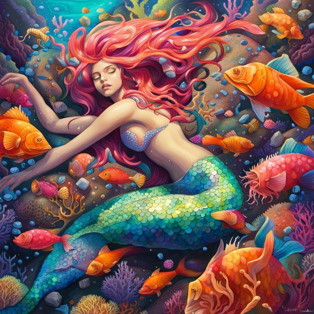 Colorful Mermaid Lounging on Coral in Graffiti Style