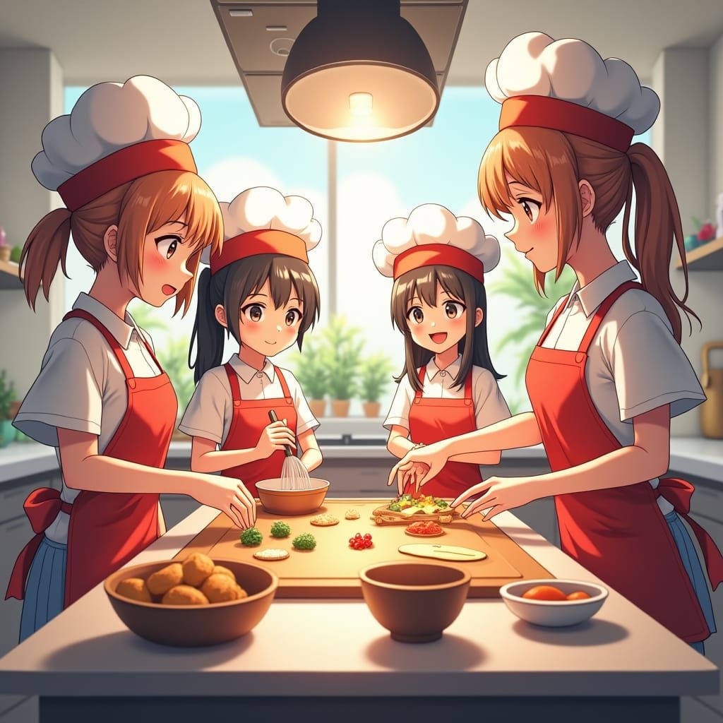 Friends Cooking Together in Anime-Inspired Kitchen