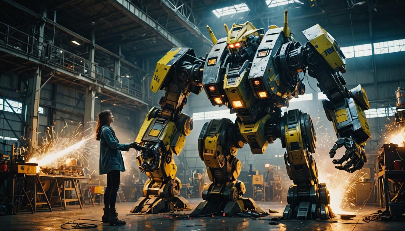 Woman Repairs Mecha Warrior in Leaky Hangar