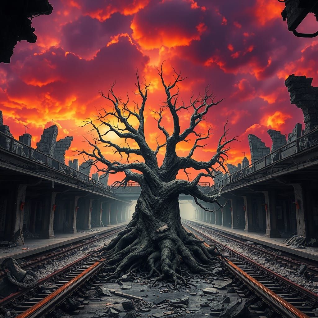 Post-Apocalyptic Metro Station in Fiery, Orange-Red Sky