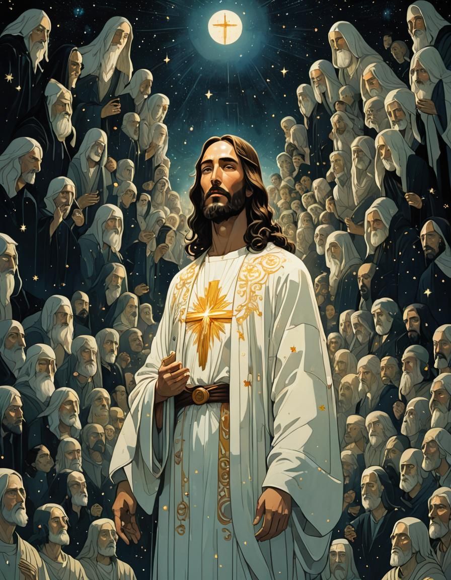 Luminous Jesus Christ Portrait in Victo Ngai Style