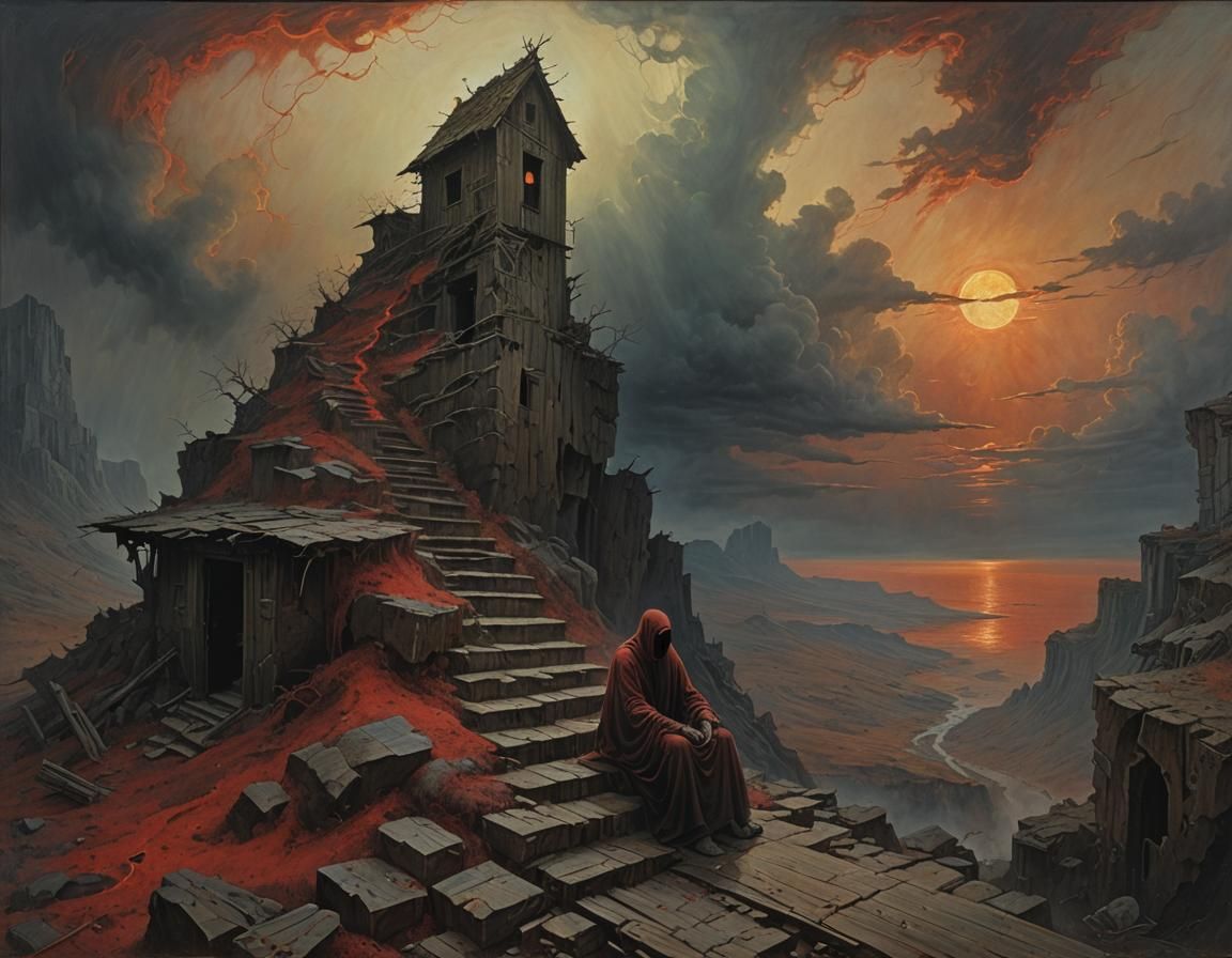 Ethereal Figure in a Beksiński-Inspired Nightmare Landscape