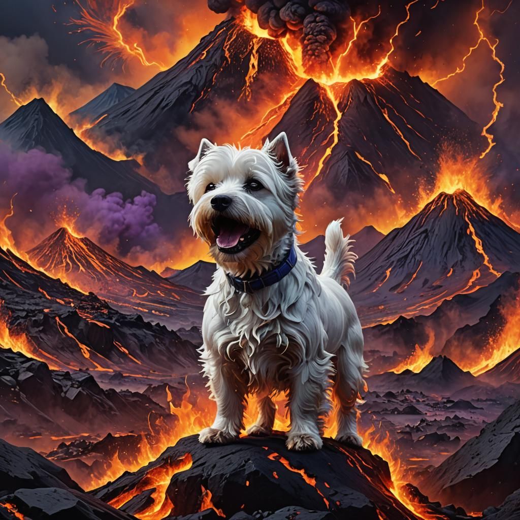 Fiery Westie Amidst Volcanic Eruption