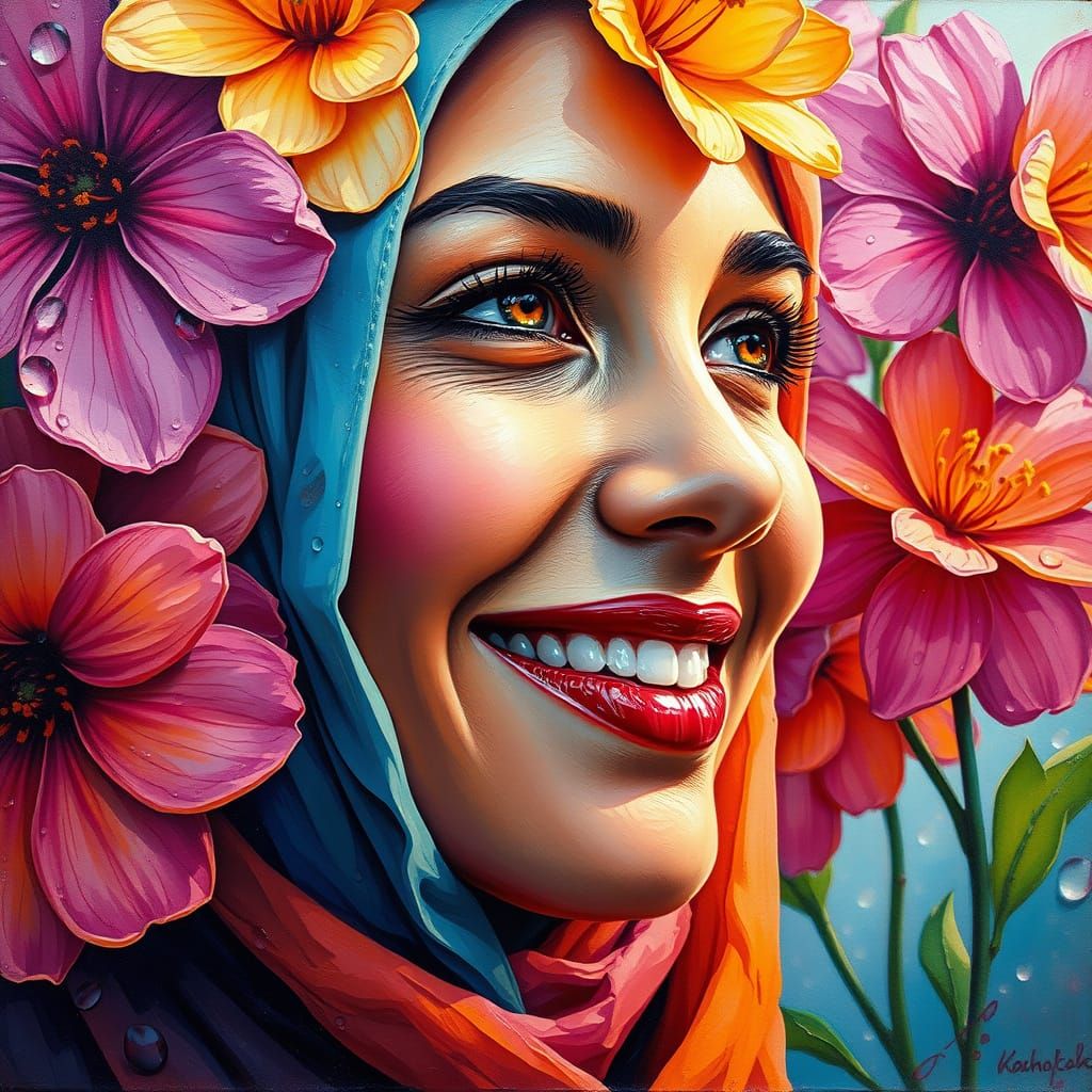 Glowing Hijabi Beauty Emerging from Vibrant Blooms in Neo-Im...