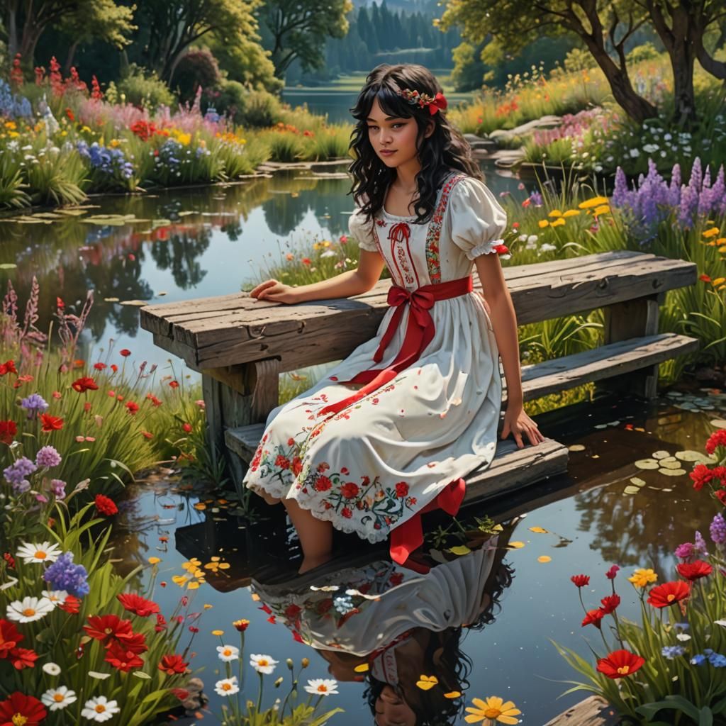 Girl on Flower Bench by Lake: Fantasy Art