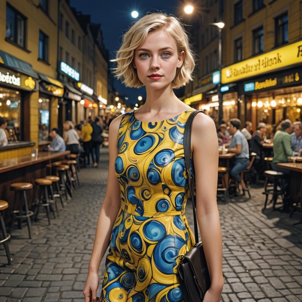 Blonde Woman in Yellow Dress Outside Berlin Bar