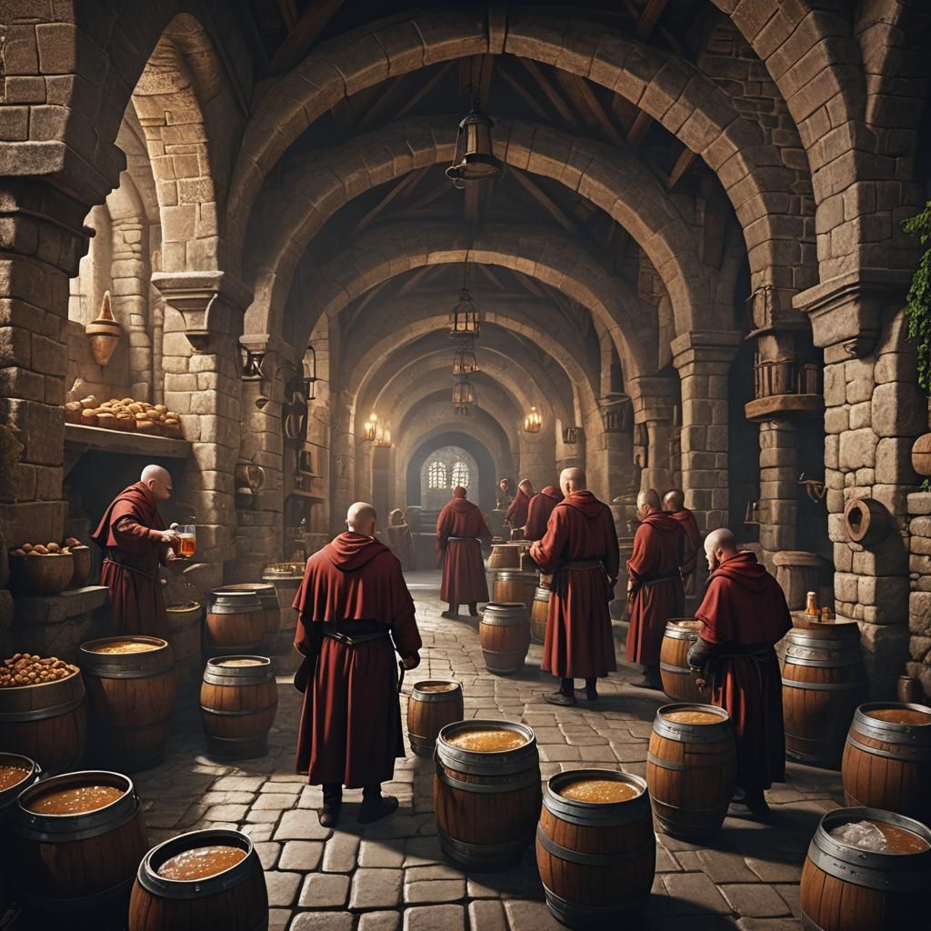 Monks Brewing Beer in Medieval Monastery Cellar