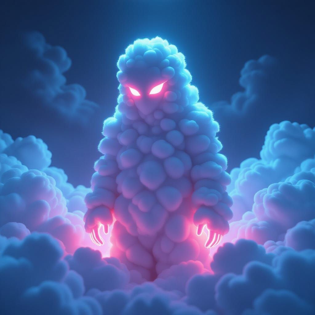 Neon Horror: Glowing Cloud Humanoid Composition