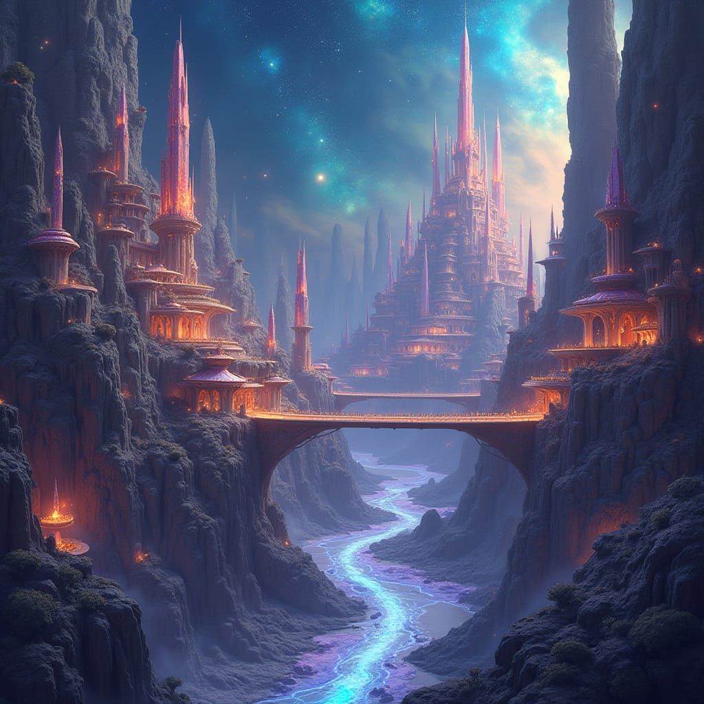 Crystalline Fantasy City Amidst Cosmic Rivers