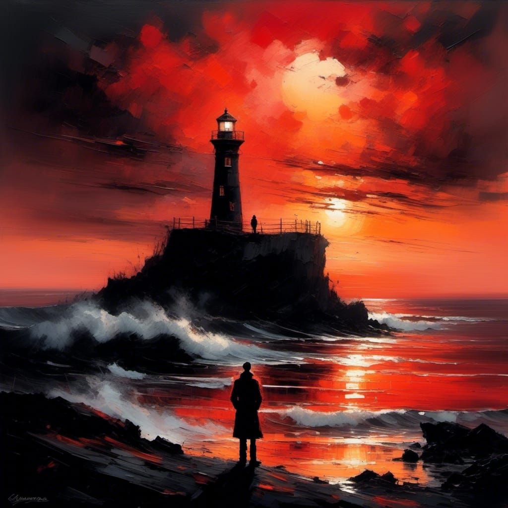 A lone figure stands at a lighthouse, watching a striking red sunset against a deep black sky. The scene is bathed in...