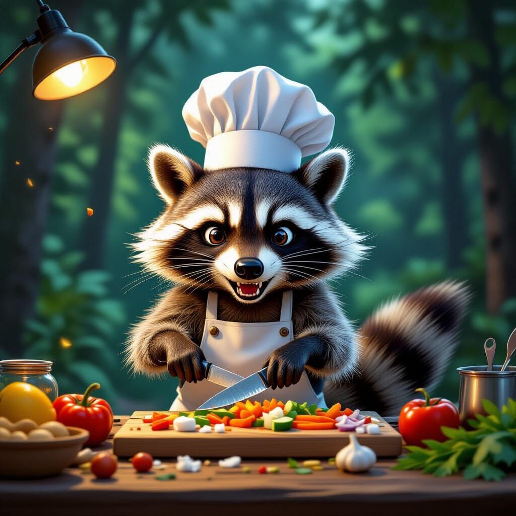 Mischievous Raccoon Chef in Forest Clearing