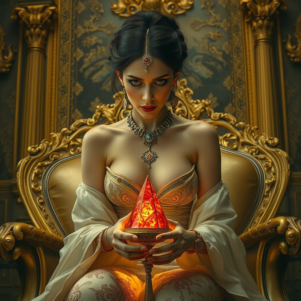 Eerie Woman Controls Artifact in Golden Room