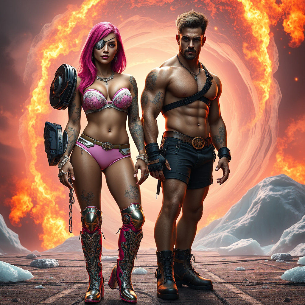 Stunning Pink-Haired Woman with Companion in Futuristic Scen...