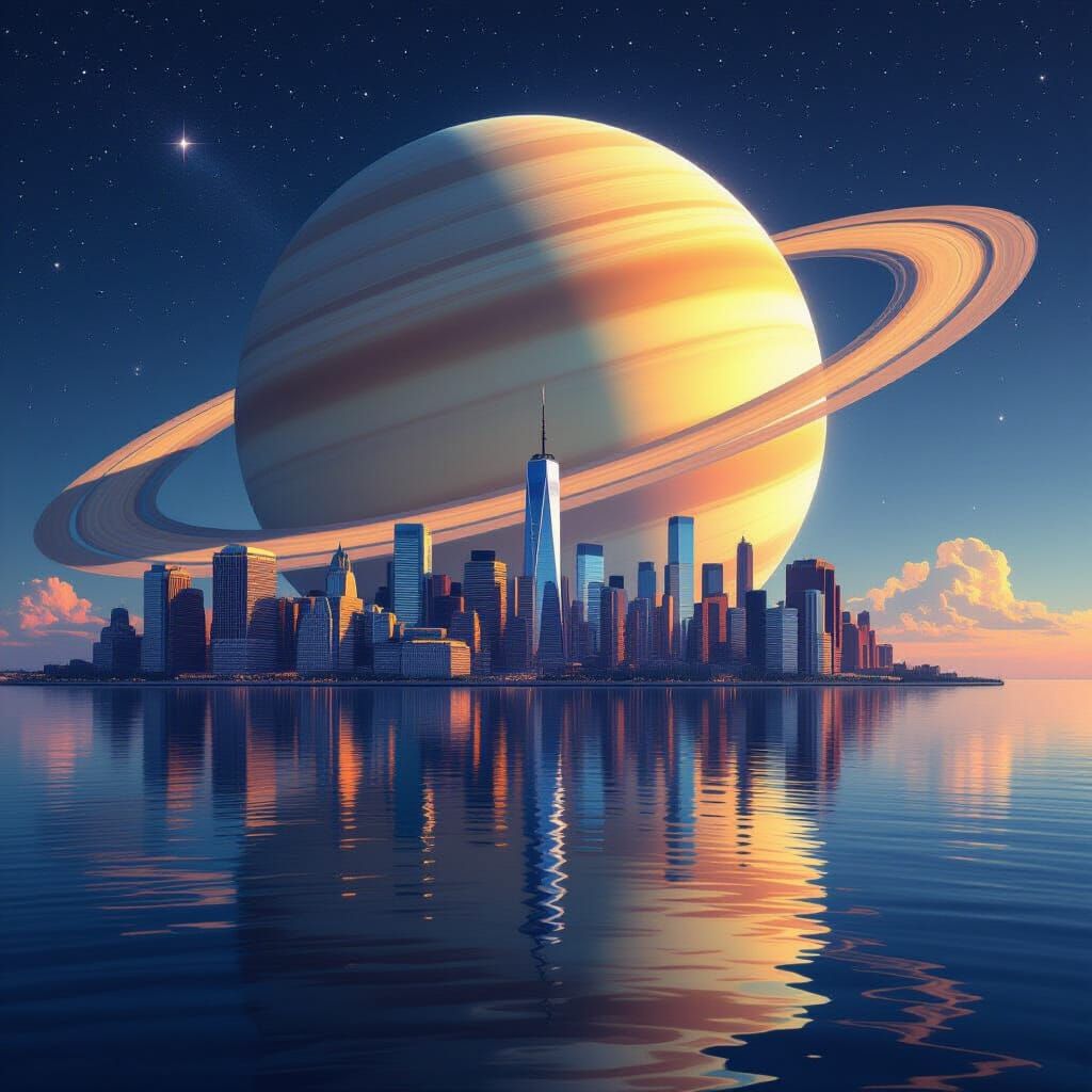 NYC Skyline in Saturn's Rings - Cosmic Art Style