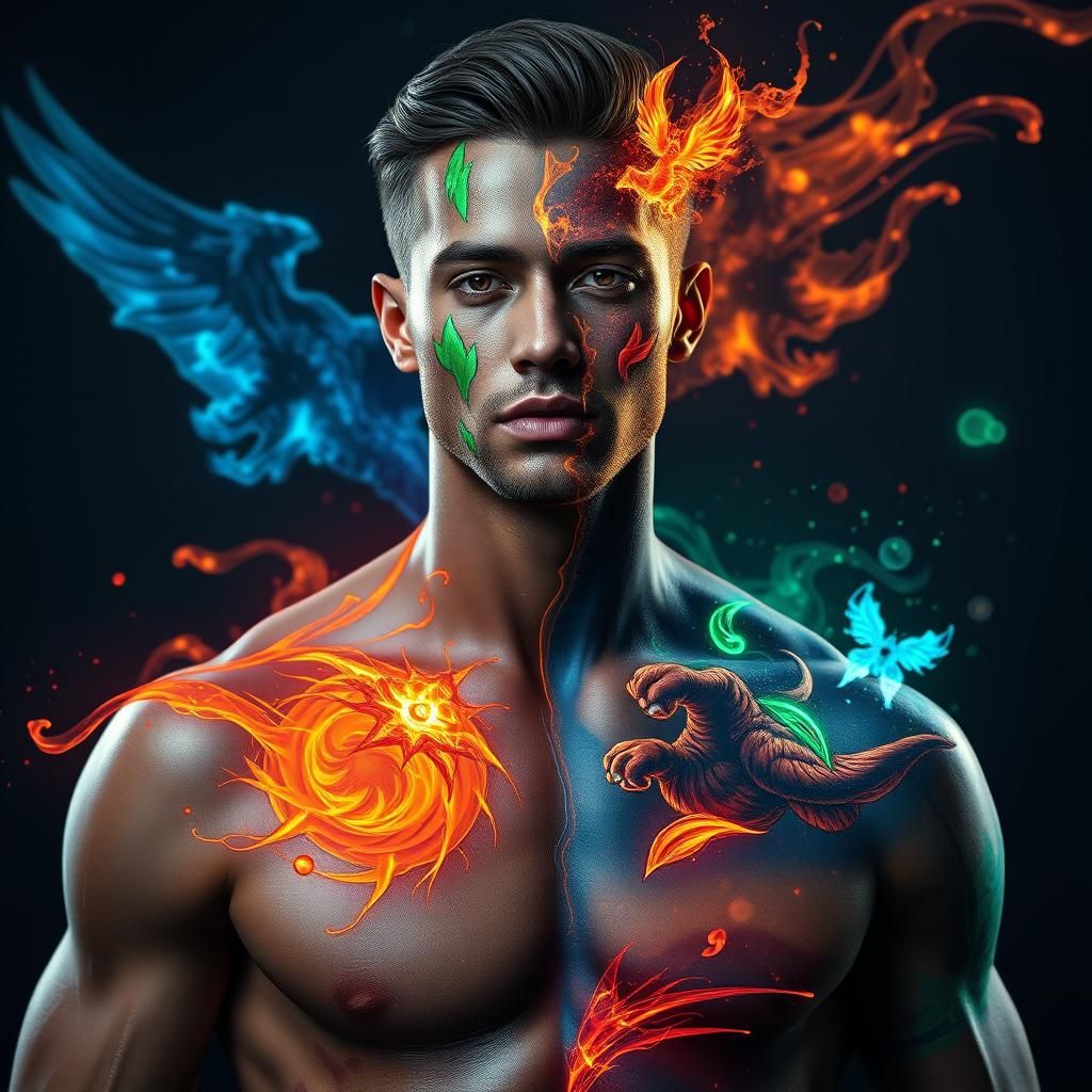 Elemental Clash: Man in Detailed Fantasy Body Paint