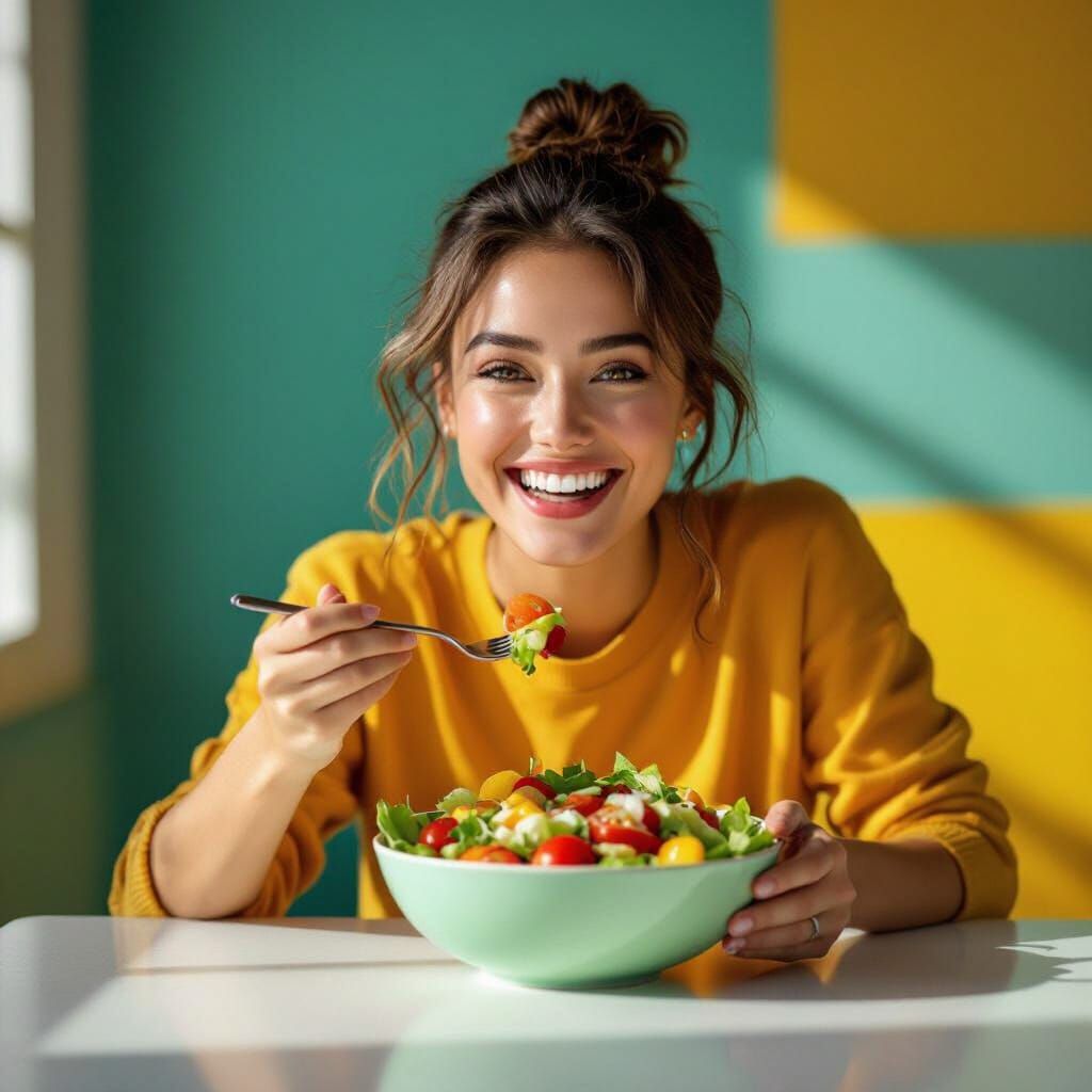 Woman Enjoys Colorful Salad in Bright Studio